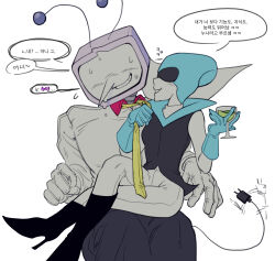 Rule 34 | 1boy, 1girl, ant tenna, black boots, black jacket, black pants, blue gloves, boots, cilantro human, clothes grab, collared shirt, crt, cup, deltarune, drinking glass, electric plug, electric plug tail, gloves, highres, holding, holding cup, humanoid robot, jacket, korean commentary, korean text, looking at another, necktie, necktie grab, neckwear grab, object head, pants, queen (deltarune), robot, shirt, simple background, sitting, sitting on lap, sitting on person, smile, sweat, tail, white background, white gloves, white pants, white shirt, wine glass, yellow necktie