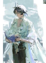 1boy absurdres ahoge arknights black_hair choker closed_eyes closed_mouth cowboy_shot highres koba_(jdhikdjdkfiwufh) lumen_(arknights) male_focus pointy_ears shirt short_hair sketch solo white_shirt