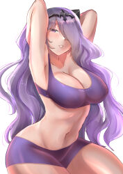 1girl armpits arms_behind_head blush breasts camilla_(fire_emblem) cleavage fire_emblem fire_emblem_fates hair_ornament hair_over_one_eye horns large_breasts long_hair looking_at_viewer nintendo purple_eyes purple_hair purple_sports_bra rinku_bny shorts solo sports_bra