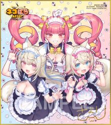 3girls :3 :d ahoge aiobahn animal_ear_fluff animal_ears apron artist_name bare_arms black_skirt blonde_hair blue_bow blue_bowtie blue_eyes blue_hair blue_hairband blue_nails blunt_bangs border bow bowtie breasts chain character_name claw_pose cleavage cleavage_cutout clothing_cutout commentary copyright_name dog_ears dog_girl dog_tail english_commentary flower flower_on_head frilled_apron frilled_skirt frills fuwawa_abyssgard grin hairband half_updo hands_up hololive hololive_english horn_hairband large_breasts light_blush long_hair looking_at_viewer maid maid_headdress mococo_abyssgard multicolored_hair multiple_girls nail_polish name_tag nekopara official_art open_mouth outline pink_bow pink_bowtie pink_eyes pink_hair pink_hairband pink_nails puffy_short_sleeves puffy_sleeves red_eyes ribbon_trim sample_watermark sayori_(neko_works) second-party_source shikishi short_hair short_sleeves signature skirt small_breasts smile streaked_hair tail twintails two-tone_hair two_side_up virtual_youtuber waist_apron watermark white_outline wrist_cuffs yellow_border yellow_bow yellow_bowtie