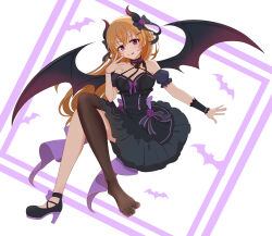 1girl :p absurdres bat_background bat_wings black_dress breasts brown_hair cleavage closed_mouth collarbone commentary demon_girl demon_horns demon_wings detached_sleeves dress flower full_body hair_flower hair_ornament hashtag-only_commentary high_heels highres horns hshikaco konoe_kanata large_breasts long_hair love_live! love_live!_nijigasaki_high_school_idol_club official_alternate_costume puffy_short_sleeves puffy_sleeves purple_eyes purple_flower shoes short_sleeves single_leg_pantyhose single_shoe sleeveless sleeveless_dress smile solo split_mouth tongue tongue_out very_long_hair white_background wings