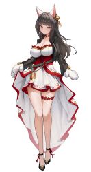 1girl absurdres animal_ears animal_hands artist_request bell black_hair breasts closed_mouth commission corset dress ear_bell fox_ears full_body gloves grey_eyes highres jingle_bell large_breasts long_hair looking_at_viewer original paw_gloves red_corset second-party_source simple_background solo standing white_background white_dress