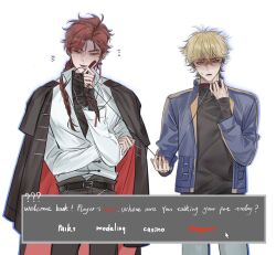 Rule 34 | 2boys, belt, black belt, black hair, black jacket, black pants, black shirt, blonde hair, blue jacket, braid, braided ponytail, chumo-qulingxiao, closed eyes, collar, collared shirt, cursor, dialogue box, earrings, english text, grey pants, highres, holding, holding leash, jacket, jacket on shoulders, jewelry, leash, long hair, long sleeves, male focus, multicolored hair, multiple boys, orange eyes, pants, red hair, shaded face, shiguang dailiren, shirt, short hair, simple background, single braid, smile, sweatdrop, turtleneck, white background, white shirt, xia fei, xiao weiying, yaoi