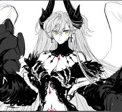 1girl breasts commentary demon_girl demon_horns demon_wings english_commentary entropy12426 fate/grand_order fate_(series) green_eyes grey_hair highres horns large_breasts lilith_(fate) lilith_(third_ascension)_(fate) long_hair skeletal_hand snake solo wings