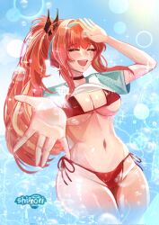 Rule 34 | 1girl, bikini, blush, breasts, choker, cleavage, closed eyes, clothes lift, goddess of victory: nikke, hairband, highres, large breasts, long hair, looking at viewer, navel, official alternate costume, open mouth, ponytail, rapi (nikke), rapi (red hood) (nikke), rapi (red hood) (red flavor) (nikke), red bikini, red hair, shirrori, shirt, shirt lift, smile, solo, swimsuit, water, wet