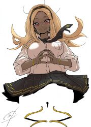 1girl blonde_hair breasts collared_shirt dark-skinned_female dark_skin gravity_daze gravity_daze_2 hairband highres kitten_(gravity_daze) long_hair looking_at_viewer necktie pungter red_eyes scarf shirt simple_background skirt smile solo upskirt white_background