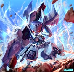 1boy arm_blade arm_cannon debris electricity energy_sword full_body glaring grey_armor grey_helmet helmet highres humanoid_robot kreuzbaizan looking_at_viewer male_focus medarot medarot_s red_eyes robot soezy solo sun sword weapon