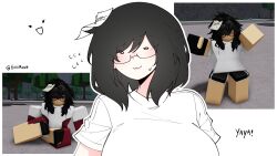 Rule 34 | 1girl, :3, artist name, black gloves, black hair, breasts, dolphin shorts, glasses, gloves, highres, jacket, jacket partially removed, paper on head, player character (roblox), red jacket, red sleeves, roblox, screenshot inset, shiirano, shirt, short hair, short sleeves, shorts, tree, twitter username, white background, white shirt, white sleeves