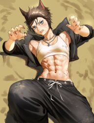 1girl abs animal_ears black_jacket black_pants blue_eyes brown_hair claw_pose cropped_jacket fingernails highres jacket jewelry long_fingernails lying nail_polish necklace on_back open_clothes open_jacket original pants robusta_mania short_hair sleeves_rolled_up solo sports_bra tombox