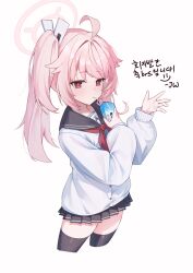 1girl absurdres ahoge black_skirt black_thighhighs blue_archive blush commentary cowboy_shot drinking_straw from_above hair_ornament hairclip halo hands_up highres holding holding_milk_carton jw_(wrdawrda) korean_text long_hair looking_at_viewer milk_carton miniskirt natsu_(blue_archive) neckerchief one_side_up pink_hair pink_halo pleated_skirt red_eyes red_neckerchief school_uniform serafuku shirt signature simple_background skirt solo symbol-only_commentary thighhighs translation_request white_background white_shirt