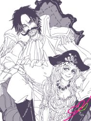 1boy 1girl ascot beard_stubble boots closed_mouth coat coat_on_shoulders commentary couple epaulettes facial_hair freckles gol_d._roger greyscale hat head_rest kaoru. long_hair monochrome mustache one_eye_closed one_piece pirate_hat portgas_d._rouge short_hair sitting smile stubble