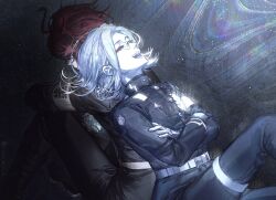 Rule 34 | 2boys, aotsuki eito, armband, crossed arms, eyeliner, gakuran, glasses, gloves, grey hair, grin, hashtag-only commentary, hole in chest, hole on body, knee up, last defense academy school uniform, leaning on person, light particles, makeup, male focus, multiple boys, red eyeliner, red hair, school uniform, short hair, sitting, smile, sumino takumi, teeth, the hundred line -last defense academy-, twitter username, upper teeth only, white armband, white gloves, zun (zunaki)
