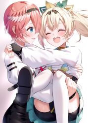 2girls ^_^ ahoge arms_around_neck ascot bike_shorts black_gloves black_hairband black_shorts blonde_hair blue_eyes blue_skirt bow carrying chest_harness chest_sarashi closed_eyes closed_mouth commentary_request crossed_bangs double-parted_bangs dress_shirt faubynet fingerless_gloves from_side gloves hair_between_eyes hair_bow hairband hakama hakama_short_skirt hakama_skirt haori harness head_wings high-waist_shorts highres hololive japanese_clothes kazama_iroha kazama_iroha_(1st_costume) long_hair long_sleeves looking_at_another miniskirt multiple_girls open_mouth pink_hair pink_wings pleated_skirt ponytail princess_carry revision sandals sarashi shirt short_hair shorts simple_background skirt sleeve_garter smile takane_lui takane_lui_(1st_costume) teeth thighhighs upper_teeth_only virtual_youtuber white_ascot white_background white_shirt white_thighhighs wings yellow_haori yuri