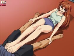 1boy 1girl bare_legs bare_shoulders barefoot breasts feet femdom foot_focus footjob full_body hetero long_hair looking_at_another lying medium_breasts motion_blur neon_genesis_evangelion rankerhen short_shorts shorts smile solo_focus souryuu_asuka_langley toes very_long_hair