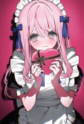 1girl apron bandaid bandaid_on_arm bandaid_on_finger blush bow box closed_mouth cowboy_shot dress eyelashes fingernails gift hair_between_eyes hair_intakes headdress heart-shaped_box holding holding_gift looking_to_the_side maid maid_apron maid_headdress original pink_background pink_eyes pink_hair ribbon short_sleeves simple_background solo valentine white_apron white_headdress youichi_(45_01)