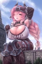 1girl 3boys animal_ears armor bird blush boots braid braided_ponytail breasts castle cleavage cloud day earrings exhausted eyebrows eyelashes gauntlets giant giantess gloves grey_eyes hair_tie heart helmet highres horns huge_breasts jewelry knight large_breasts mole mole_on_cheek multiple_boys one_eye_closed open_mouth outdoors pink_hair raging_bull_(ys) sitting sky steeple sun sunlight sweat thighs tree window ys ys_ix_monstrum_nox zen-gts