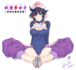 1girl arms_behind_back blue_hair blue_leotard breasts butterfly_sitting character_name cleavage dated feet full_body green_eyes grey_sandals highleg highleg_leotard hood hood_up hori_shin indie_virtual_youtuber knees_apart_feet_together large_breasts leotard looking_at_viewer minori_yumeko multicolored_hair nail_polish on_ground purple_nails red_hair ribbed_leotard sandals short_hair signature simple_background sitting smile solo streaked_hair thighs toenail_polish toenails toes virtual_youtuber white_background white_hood