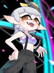1girl alternate_costume alternate_hairstyle amakusa_setoka baggy_pants blush ear_piercing fangs food fruit hair_down highres inkling lemon lemon_slice long_hair looking_to_the_side marie_(splatoon) marie_(summer_nights)_(splatoon) mole mole_under_eye navel nintendo oyster pants piercing pointy_ears solo splatoon_(series) splatoon_3 strapless suspenders suspenders_pull tentacle_hair tongue tube_top white_hair yellow_eyes