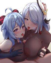 2girls bar_censor between_breasts blue_hair bodysuit breast_hold breast_press breasts breasts_squeezed_together censored cooperative_paizuri covered_erect_nipples dripping drooling elbow_gloves fellatio ganyu_(genshin_impact) genshin_impact gloves grey_eyes hair_ornament horns large_breasts light long_hair looking_at_viewer lying multiple_girls naughty_face nipples on_back oral paizuri paizuri_over_clothes penis purple_eyes saliva see-through_clothes shenhe_(genshin_impact) spread_legs symmetrical_docking teamwork_(sexual) thighs tinnies tongue tongue_out upper_body white_hair