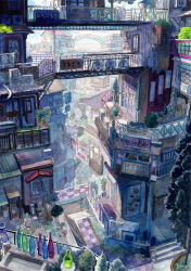 balcony bottle bridge building city cityscape day highres kyuui original outdoors painting_(medium) railing road scenery sign stairs traditional_media tree watercolor_(medium) window