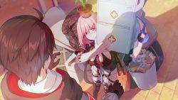 1boy 1girl adam_(honkai_impact) back bag black_footwear black_gloves black_jacket black_shirt blouse boots breasts brown_coat brown_hair bucket camouflage_bag carrying cleavage coat first_aid_kit game_cg gloves highres holding honkai_(series) honkai_impact_3rd jacket long_sleeves looking_at_another mask mouth_mask official_art outdoors pink_eyes pink_hair plant pot potted_plant shirt short_hair standing thigh_boots thighhighs third-party_source tile_floor tiles timido_cute white_gloves