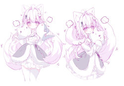 1girl ahoge animal animal_ear_fluff animal_ears blush cat closed_mouth commentary_request fur-trimmed_skirt fur_trim grey_skirt hair_intakes highres holding holding_animal long_hair long_sleeves looking_at_viewer multiple_views original parted_lips shark shirt simple_background skirt sleeves_past_wrists tail tandohark thighhighs very_long_hair white_background white_cat white_hair white_shirt white_skirt white_thighhighs