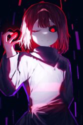 1other ;) ahoge arm_behind_back black_background black_sclera bob_cut center-flap_bangs closed_mouth colored_eyelashes colored_sclera colored_skin commentary commentary_request double-parted_bangs english_commentary grey_skin grey_sweater hair_between_eyes heart highres holding holding_heart kurobarashan long_sleeves mixed-language_commentary no_pupils one_eye_closed other_focus pink_sweater player_(underplayer) puffy_long_sleeves puffy_sleeves red_eyes red_hair short_hair sidelighting simple_background smile solo striped_clothes striped_sweater sweater turtleneck turtleneck_sweater two-tone_sweater underplayer undertale upper_body
