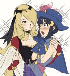 2girls akushitsu_ningen alternate_costume black_choker black_eyes black_ribbon blonde_hair blue_capelet blue_hair blue_shirt blue_skirt blush breasts capelet carrying choker cleavage collared_shirt cosplay cresselia cresselia_(cosplay) crown cynthia_(pokemon) cynthia_(sygna_suit)_(renegade)_(pokemon) dawn_(pokemon) dawn_(sygna_suit)_(pokemon) frilled_skirt frills gen_4_pokemon giratina giratina_(cosplay) hair_ornament hair_ribbon hair_up hat highres legendary_pokemon long_hair long_sleeves medium_breasts multiple_girls nintendo official_alternate_costume open_mouth pantyhose pink_ribbon pokemon pokemon_masters_ex princess_carry ribbon shirt skirt smile sparkle surprised sweatdrop textless_version updo white_background white_pantyhose yuri