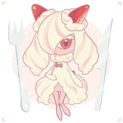 1girl :o alcremie alcremie_(strawberry_sweet) alcremie_(vanilla_cream) arm_at_side bowtie colored_eyelashes colored_skin creatures_(company) female_focus flat_chest food-themed_hair_ornament fork from_above full_body fusion game_freak gen_3_pokemon gen_8_pokemon hair_ornament hair_over_one_eye heart heart_in_eye kirlia knees_together_feet_apart knife long_hair looking_at_viewer lying mini_person minigirl muli_muli_fan multicolored_hair multicolored_skin nintendo no_feet on_back one_eye_covered open_mouth pink_hair pink_skin pokemon pokemon_(creature) red_bow red_bowtie red_eyes sidelocks solo strawberry_hair_ornament streaked_hair symbol_in_eye traditional_bowtie twintails two-tone_hair two-tone_skin white_hair white_skin