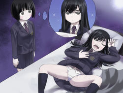 2girls bed black_eyes black_hair blush bob_cut clothes_lift commentary drooling expressionless female_focus hosoinogarou imagining koguma_(super_cub) long_hair looking_at_another multiple_girls necktie on_bed open_mouth panties pillow purple_background reiko_(super_cub) school_uniform short_hair simple_background skirt skirt_lift sleeping snoring sparkle speech_bubble spread_legs super_cub sweat teeth thought_bubble underwear upper_teeth_only white_panties yuri