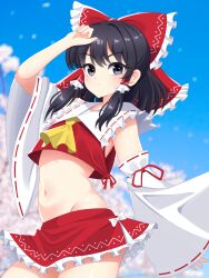 1girl absurdres ascot bare_shoulders black_eyes black_hair blue_sky bow cipher_(user_watm8555) cloud cloudy_sky cowboy_shot crop_top detached_sleeves flat_chest frilled_bow frilled_hair_tubes frills groin hair_bow hair_tubes hakurei_reimu highres japanese_clothes long_sleeves medium_hair midriff_peek miko navel red_bow red_ribbon red_skirt ribbon ribbon-trimmed_sleeves ribbon_trim shirt sidelocks skirt sky sleeveless sleeveless_shirt solo stomach touhou white_sleeves wide_sleeves yellow_ascot