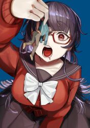 1boy 1girl artist_request black_sailor_collar blue_background blurry bow bowtie breasts buttons depth_of_field drooling giant giantess grey_pants highres imminent_vore indie_virtual_youtuber lifting_person long_hair long_sleeves open_mouth pants purple_hair red-framed_eyewear red_eyes red_shirt sailor_collar second-party_source semi-rimless_eyewear shirt simple_background skirt teeth virtual_youtuber vore white_bow white_bowtie