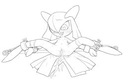1girl aftersex blush bound bound_ankles bound_wrists clitoris cum cum_in_pussy cumdrip female_focus flat_chest full_body gen_3_pokemon hair_between_eyes heart heart-shaped_pupils horn kirlia loli lying monochrome navel nintendo nipples no_humans nude on_back open_mouth pokemon pokemon_(creature) pussy restrained solo spread_legs sweat symbol-shaped_pupils tosx
