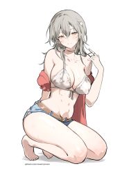 Rule 34 | 1girl, alternate costume, barefoot, belt, bikini, bikini top only, breasts, brown belt, commentary, denim, denim shorts, english commentary, feet, grey hair, highres, holding strap, honkai: star rail, honkai (series), large breasts, medium hair, navel, nevercrymoon, patreon username, seiza, shorts, simple background, sitting, smile, solo, stelle (honkai: star rail), stomach, swimsuit, thighs, toes, trailblazer (honkai: star rail), white background, white bikini, yellow eyes