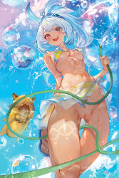 1girl bikini bikini_top_only blue_hair blue_sky blush body_markings braid breasts bubble capybara commentary_request dark-skinned_female dark_skin day genshin_impact hairband highres hose light_blue_hair long_hair looking_at_viewer low_twin_braids medium_breasts miaosu mualani_(genshin_impact) navel no_panties open_mouth ponytail pussy red_eyes sidelocks sky smile solo stomach swimsuit thighs twin_braids uncensored water white_hair