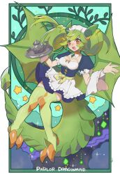 1girl apron blush border breasts character_name claws detached_collar dragon_girl dragon_horns dragon_tail dress duel_monster green_hair green_horns green_tail green_wings highres holding holding_tray horns kokodari lace-trimmed_apron lace_trim long_hair looking_at_viewer maid maid_apron maid_headdress mixed_maids open_mouth parlor_dragonmaid sidelocks solo tail teapot thighhighs towel tray twintails wa_maid white_border wings yellow_eyes yu-gi-oh!