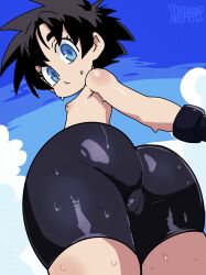 absurdres ass ass_focus bike_shorts black_hair breasts cameltoe dragon_ball dragonball_z fruithead gloves highres inverted_nipples pussy short_hair sky small_breasts sweat tomboy topless_female videl