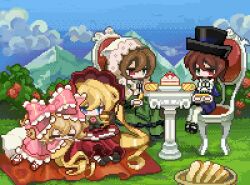 4girls animated animated_gif basket blue_sky bow bread brown_hair bush chair cloud dress food grass green_eyes hair_bow hat headscarf heterochromia highres hinaichigo meyou_0319 mountain multiple_girls outdoors picnic pink_bow pixel_art purple_eyes red_dress rozen_maiden shinku sitting sky souseiseki suiseiseki top_hat white_headscarf