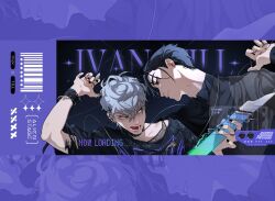 Rule 34 | 2boys, alien stage, barcode, black eyes, black hair, black nails, black shirt, character name, collared shirt, commentary, copyright logo, copyright name, ear piercing, earrings, green eyes, grey hair, highres, ivan (alien stage), jewelry, male focus, marik draw, multiple boys, open mouth, piercing, ship name, shirt, symbol-only commentary, till (alien stage), wristband, zoom layer
