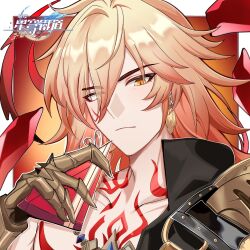 1boy armor black_coat blonde_hair border braid chest_tattoo clawed_gauntlets coat copyright_name earrings eren_330520 facial_tattoo gift gold_earrings gold_necklace gradient_hair hair_between_eyes hashtag-only_commentary highres holding holding_gift honkai:_star_rail honkai_(series) jewelry looking_at_viewer male_focus medium_hair multicolored_hair mydei_(honkai:_star_rail) necklace open_clothes open_coat outside_border pauldrons red_hair red_tattoo shoulder_armor side_braid single_pauldron solo tattoo white_border yellow_eyes