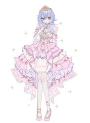 1girl arm_behind_back blue_hair breasts commentary crossed_bangs dress finger_to_mouth full_body hair_between_eyes hand_up hazaki_yoshino high_heels highres idolmaster idolmaster_shiny_colors long_hair parted_lips pink_dress pink_shoes purple_eyes shoes simple_background solo sparkle standing suzuki_hana symbol-only_commentary tiara twitter_username white_background