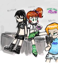 Rule 34 | 3girls, ben 10, ben tennyson, black eyes, black hair, book, brown hair, earrings, gender request, genderswap, glasses, green eyes, gwen tennyson, jewelry, kevin levin, looking at viewer, multiple girls, omnitrix, orange hair, ponytail, sukaponta, text focus, tongue, tongue out, translation request