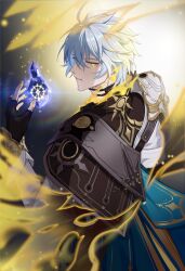 Rule 34 | 1boy, antenna hair, armor, black choker, black gloves, black shirt, blood, bloody tears, blue cape, cape, chinese commentary, choker, coat, commentary request, coreflame (honkai: star rail), fingerless gloves, gloves, highres, honkai: star rail, honkai (series), looking at viewer, looking back, male focus, neck tattoo, pauldrons, phainon (honkai: star rail), shirt, short hair, shoulder armor, side cape, single pauldron, solo, sun symbol, sun tattoo, tan, tattoo, white coat, white hair, wings, yellow blood, yellow eyes, yexion123