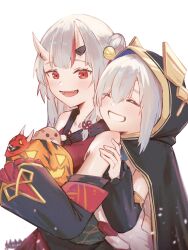 2girls armpit_crease ars_almal ars_almal_(1st_costume) bare_shoulders cloak closed_eyes demon_horns detached_sleeves dress grin hair_between_eyes hair_bun highres holding holding_pumpkin hololive hood hood_up hooded_cloak horns japanese_clothes kimono long_hair mask multicolored_hair multiple_girls nakiri_ayame nakiri_ayame_(1st_costume) nijisanji oni_mask open_mouth pumpkin red_eyes ribbon-trimmed_kimono ribbon_trim simple_background sleeveless sleeveless_dress sleeveless_kimono smile streaked_hair tsubu_(kappunioyu562) upper_body virtual_youtuber white_background white_hair