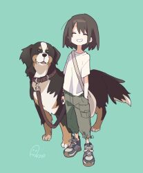 1girl aida_(aidia) animal bernese_mountain_dog brown_hair brown_pants cargo_pants closed_eyes commentary dog facing_viewer full_body green_background grey_shoes grin hand_in_pocket highres holding holding_leash leash original pants pet shirt shoes short_hair short_sleeves signature simple_background smile solo standing t-shirt white_shirt