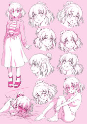 1girl :o asahina_mirai bow full_body hair_bow highres jacket kazuma_muramasa long_skirt looking_to_the_side mahou_girls_precure! mahou_girls_precure!!_mirai_days multiple_expressions nude pink_background pink_eyes precure sandals sex short_hair simple_background skirt smile striped_clothes