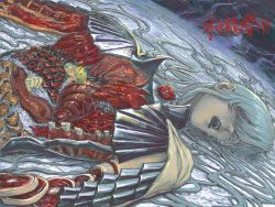 armor behelit berserk body_horror corpse dutch_angle entrails exposed_bone exposed_heart exposed_muscle filame_(filamen0112) grey_hair griffith_(berserk) guro hair_over_one_eye hair_spread_out heart_(organ) highres horror_(theme) intestines long_hair looking_at_viewer lungs lying male_focus on_back open_mouth organs partially_submerged ribs saliva severed_head sliced sliced_meat smoke solo stomach_(organ) tears upper_body very_long_hair water