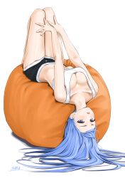 1girl bae_minah_(chaesu) bare_legs barefoot black_shorts blue_eyes blue_hair blush breasts chaesu cleavage commentary crop_top english_commentary hands_on_own_knees highres knees_up legs long_hair looking_at_viewer lying medium_breasts navel on_back original parted_lips short_shorts shorts signature simple_background solo tank_top very_long_hair white_background white_tank_top