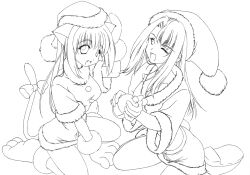 Rule 34 | 2girls, absurdres, animal ears, animal hands, arm up, atelier-moo, bottle, breasts, cat ears, cat tail, collarbone, dress, fang, full body, gloves, hair between eyes, hat, high ponytail, highres, holding, holding bottle, kneeing, large breasts, lineart, long hair, looking at viewer, melody sinclair, merry christmas, miniskirt, monochrome, multiple girls, one eye closed, open mouth, paw gloves, paw shoes, ponytail, ribbon, santa costume, santa dress, santa hat, short sleeves, simple background, sitting, skirt, smile, tail, tail ornament, tail ribbon, thighs, vircia ducelle, white background, wide ponytail, yuukyuu gensoukyoku, yuukyuu gensoukyoku 3 perpetual blue
