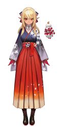 1girl blonde_hair blush boots bow brown_boots closed_mouth dark-skinned_female dark_skin elf facing_viewer floating from_behind from_side full_body gloves hair_bow hakama hakama_skirt high_heel_boots high_heels highres hololive japanese_clothes kagami_mochi kimono kintsuba_(shiranui_flare) lace-up_boots lack long_hair long_sleeves looking_at_viewer official_alternate_costume official_art pointy_ears ponytail red_eyes red_gloves reference_sheet shiranui_flare shiranui_flare_(new_year) simple_background skirt solo standing third-party_source virtual_youtuber white_background wide_sleeves